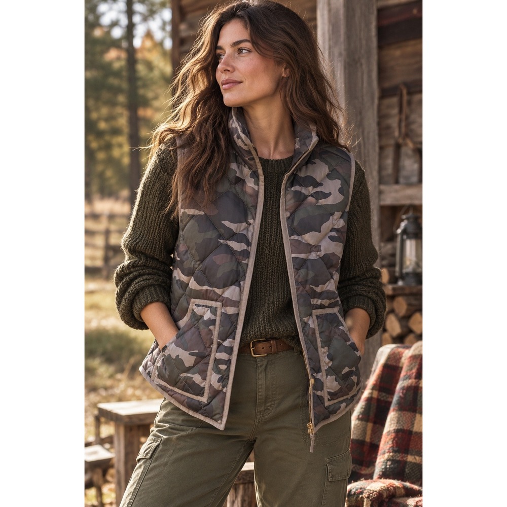 J. Crew Womens Camo Excursion Quilted Puffer Vest Down Fill Green Brown Size M